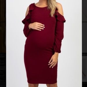 Burgundy Puff Sleeve Maternity Dress